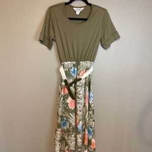 Vintage Dress Green Floral Skirt Lynn Davis XS Belted Gathered Waist Garden Core